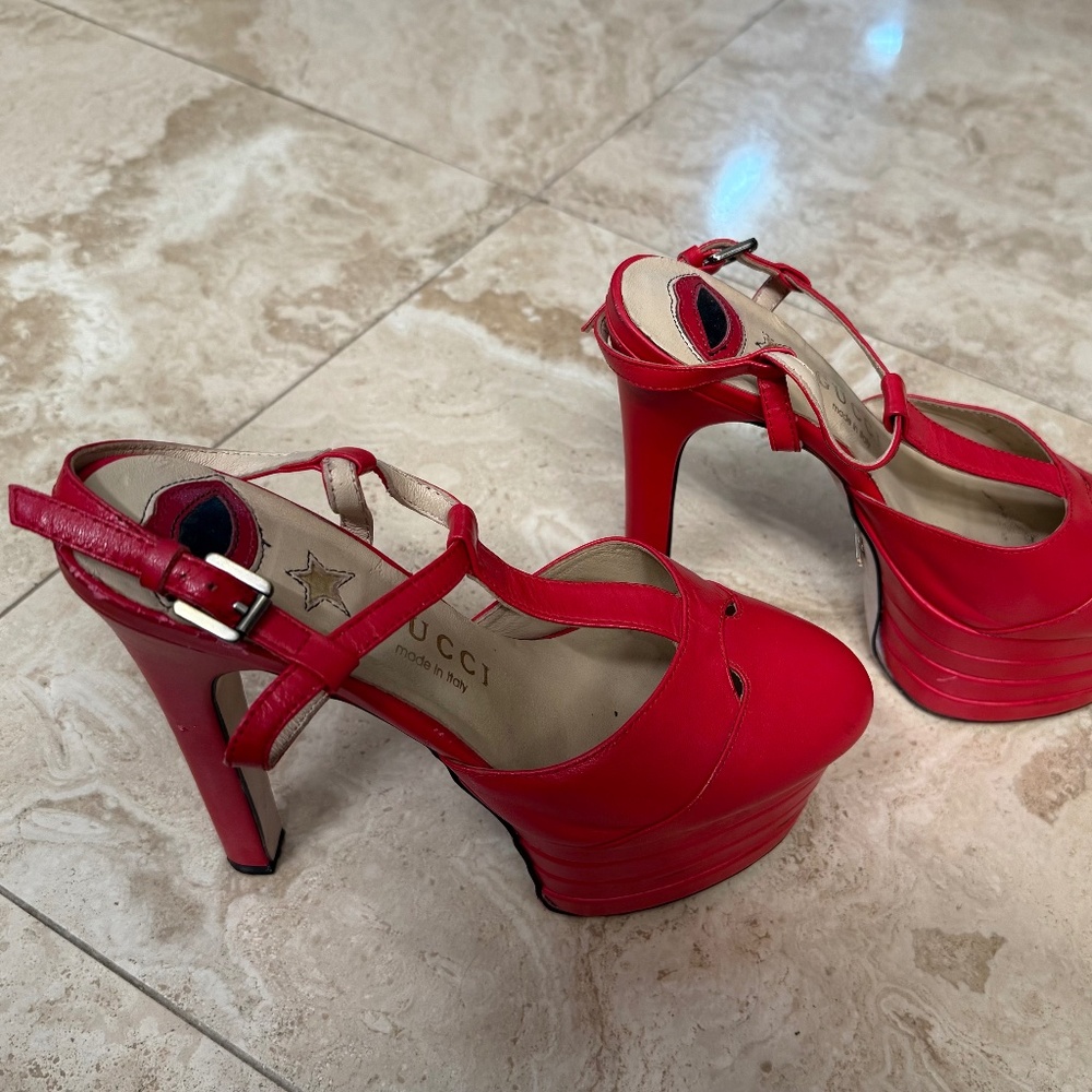 **SOLD**. GUCCI red platform ankle strap heels